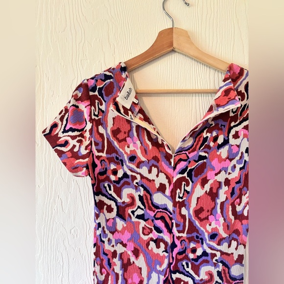 ba&sh Pleated Midi Multicolour Printed Textured Crepe Crinkle Short Sleeve Dress - Picture 7 of 17